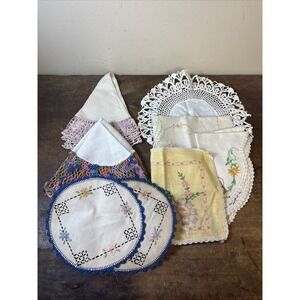 Lot Of 8 Mixed Vintage Linens Hand Embroidered Colorful Assorted Sizes Craft